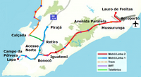 Carte de Salvador de Bahia avec le métro, le tram, le BRT et le téléférique