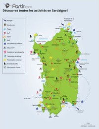 Carte de la Sardaigne avec les activités touristiques, la plongée, la randonnée, le golf