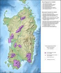 Carte de la Sardaigne avec les parcs régionaux et les monuments naturels