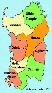 Carte de la Sardaigne avec les provinces en couleurs