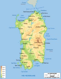 Carte de la Sardaigne avec le relief et l'altitude en mètre