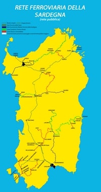 Carte de la Sardaigne réseau ferroviaire lignes train supprimées