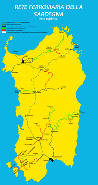 Carte de la Sardaigne avec le réseau ferroviaire, en rouge les lignes de train supprimées