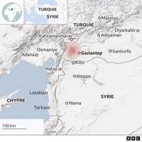 Carte simple du séisme en Turquie et en Syrie avec l'épicentre et les villes