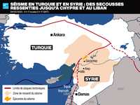 Carte simple du tremblement de terre en Turquie et en Syrie et des alentours avec l'intensité et les limites des plaques tectoniques