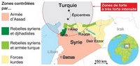Carte du tremblement de terre en Syrie avec les zones contrôlées par les différents groupes armés sur place