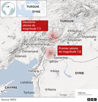 Carte du tremblement de terre en Turquie et en Syrie avec les deux principaux séismes et les villes