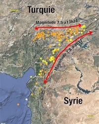 carte tremblement de terre en Turquie et en Syrie avec les différentes zones des répliques