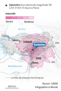 Carte du tremblement de terre en Turquie et en Syrie avec l'épicentre, les dates, l'intensité et les limites des plaques tectoniques