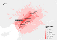 Carte du tremblement de terre en Turquie et en Syrie avec l'épicentre et l'échelle de Mercalli MMI