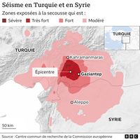 Carte du tremblement de terre en Turquie et en Syrie avec l'épicentre, les principales villes et l'intensité des secousses