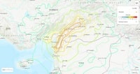Carte du tremblement de terre en Turquie et en Syrie avec l'intensité et l'échelle en miles et en km