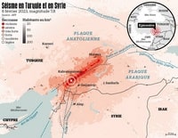 Carte du tremblement de terre en Turquie et en Syrie avec l'intensité des secousses et la densité de population