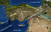 Carte de la Turquie et de la Syrie avec la plaque anatolienne et le déplacement des plaques aux alentours