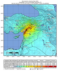 Grande carte du tremblement de terre en Turquie et en Syrie avec l'intensité