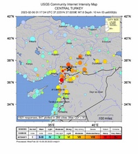 Grande carte du tremblement de terre en Turquie et en Syrie avec l'intensité