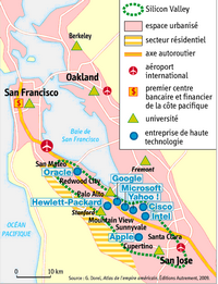 Carte de la Silicon Valley avec l'espace urbain, les autoroutes, les secteurs résidentiels et les universités