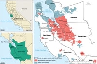carte Silicon Valley État Californie 4 comtés