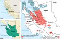 Carte de la Silicon Valley dans l'Etat de la Californie avec les 4 comtés et les municipalités