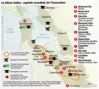 Carte de la Silicon Valley et de San Francisco avec les entreprises TIC, les universités et le coeur des emplois