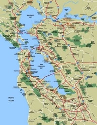 Carte de la Silicon Valley avec la ville de San Francisco et San José, les routes, les autres villes et les parcs