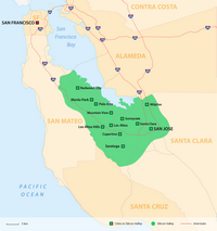 Carte de la Silicon Valley avec les villes, les routes et l'échelle
