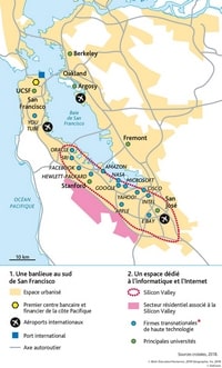 Carte de la Silicon Valley avec les zones urbaines, les secteurs résidentiels, le coeur de la Silicon Valley, le port et les aéroports