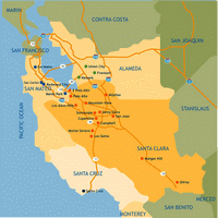 Carte simple de la Silicon Valley avec les villes et les comtés