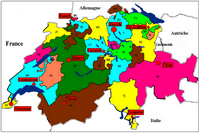 Carte de la Suisse avec les cantons et les villes en couleur.