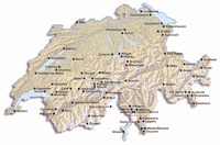 Carte du relief de la Suisse avec les villes.