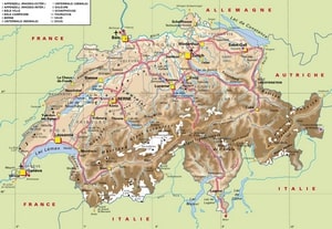 Carte de la Suisse, du relief, des villes et des aéroports.