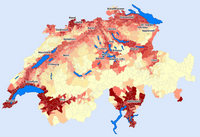 Carte des températures des communes de la Suisse pendant le mois le plus chaud.