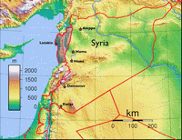 Carte de la Syrie avec le relief et l'altitude en mètre.