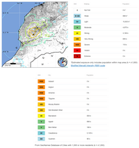 Carte séisme Maroc avec l'intensité du séisme échelle MMI et le nombre d'habitants dans les villes touchées