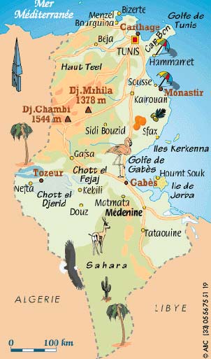 Carte décorative de la Tunisie.