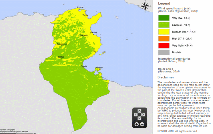 Carte de la vitesse moyenne des vents en Tunisie.