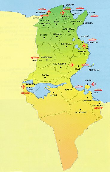 Carte des principales villes, des régions et des aéroports de la Tunisie.