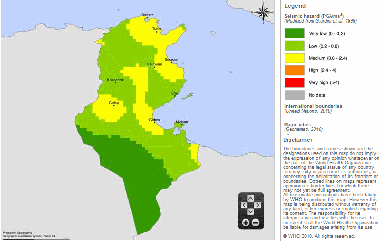 Carte des risques sismiques en Tunisie.
