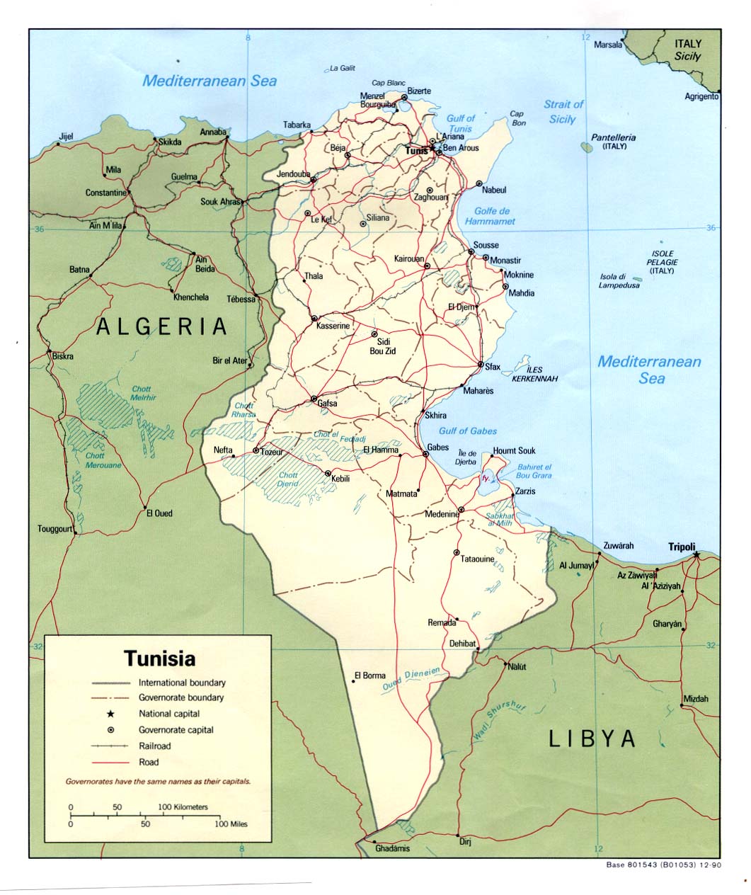 Carte des frontières de la Tunisie avec les chemins de fer, la capitale et les capitales de chaque région.