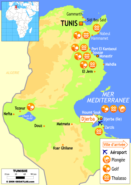 Carte de la Tunisie des clubs de golf, thalasso et de plongée.