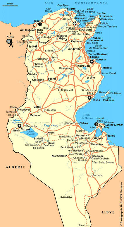 Carte des routes, des rivières et des aéroports de la Tunisie