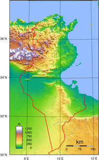 Carte topographique de la Tunisie avec l'altitude en mètre.