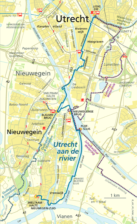 Carte d'une promenade possible le long du fleuve de Utrecht