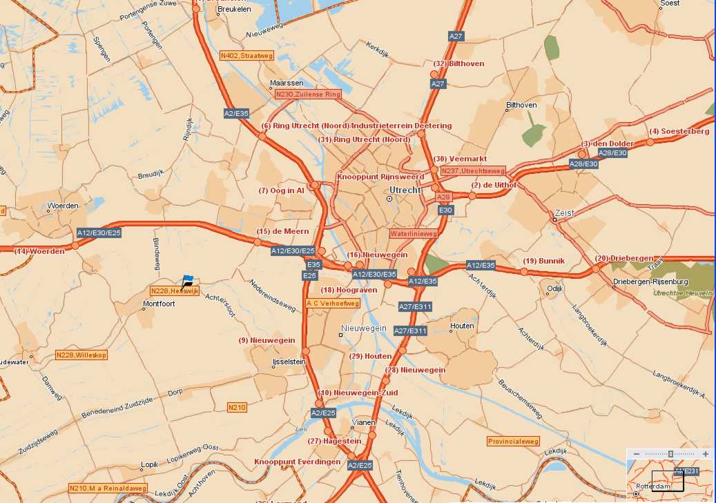 Carte des autoroutes qui mènent à Utrecht.