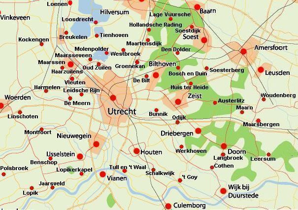 Carte de la ville de Utrecht et des autres villes de la province de Utrecht.