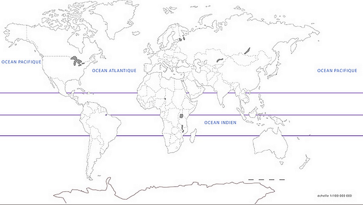 Carte du monde vierge avec les lacs et le nom des océans