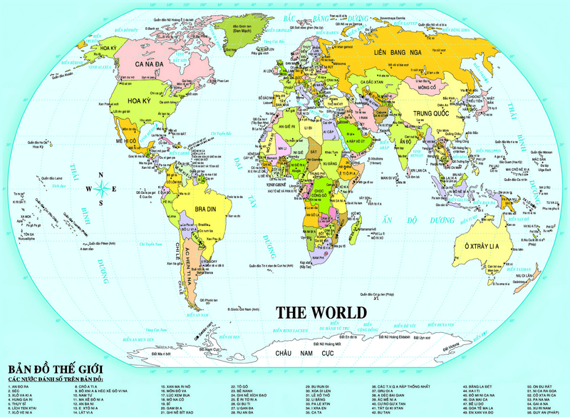 Carte du monde en vietnamien avec les pays en couleur en 2023