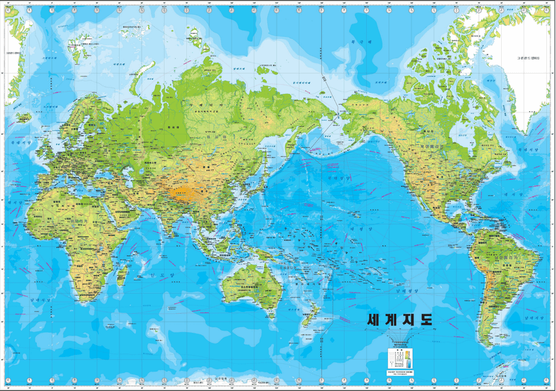 Carte du monde en coréen avec les pays et les villes en 2023