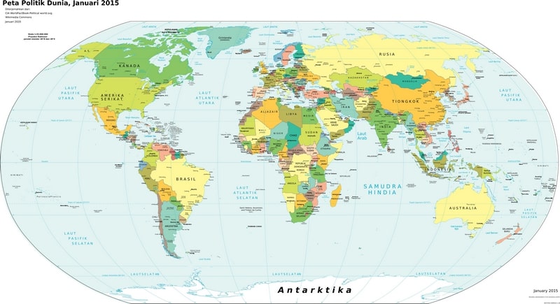 Carte du monde en indonésien avec les pays et les capitales