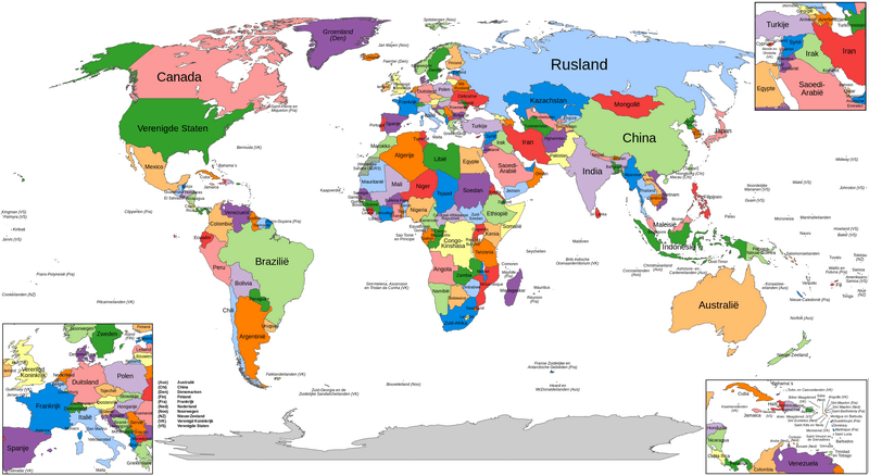 Carte du monde en néerlandais avec les pays en couleur en 2023